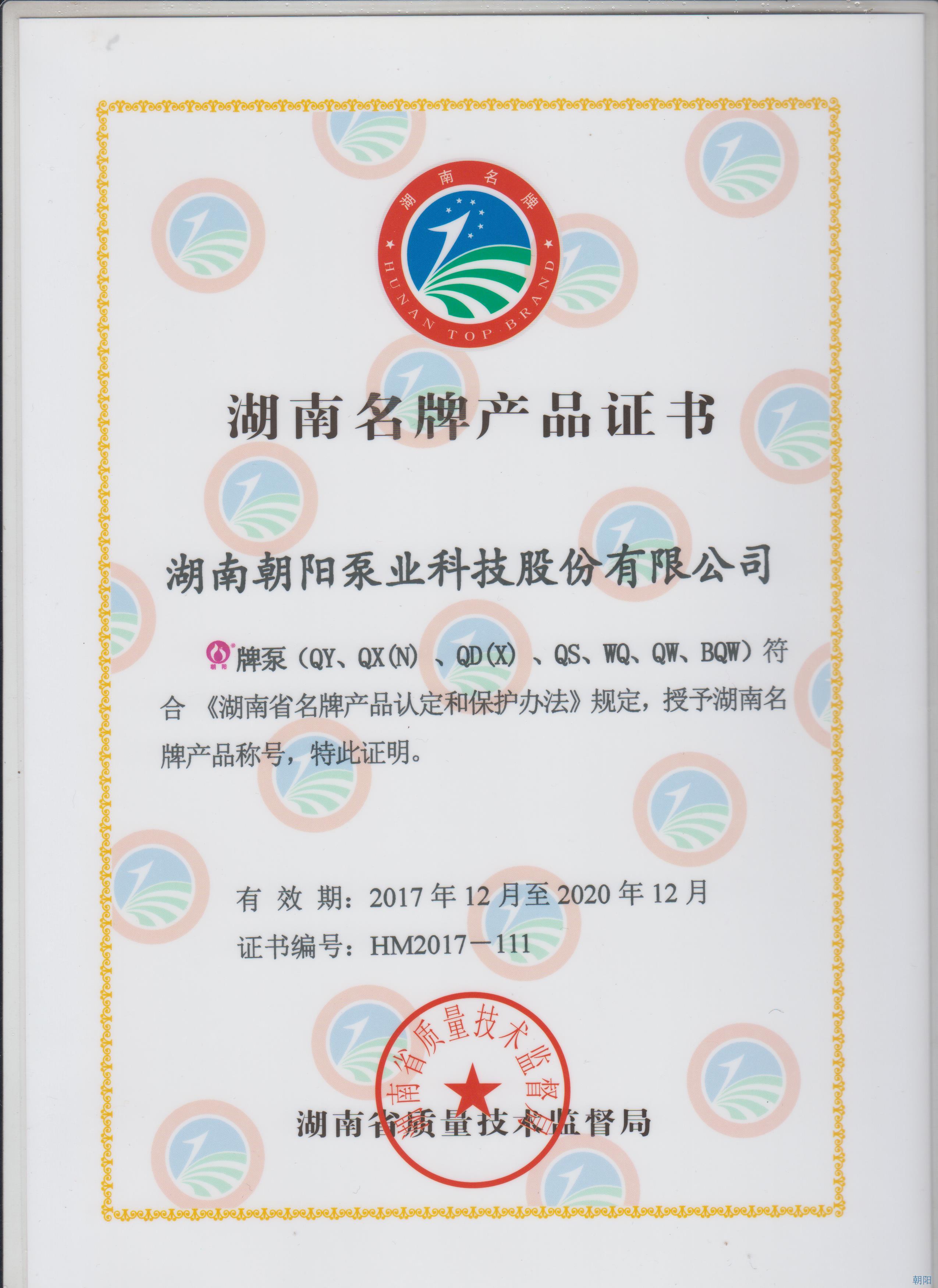“朝陽”牌水泵榮獲湖南名牌產品稱號 “朝陽”牌水泵榮獲湖南名牌產品稱號